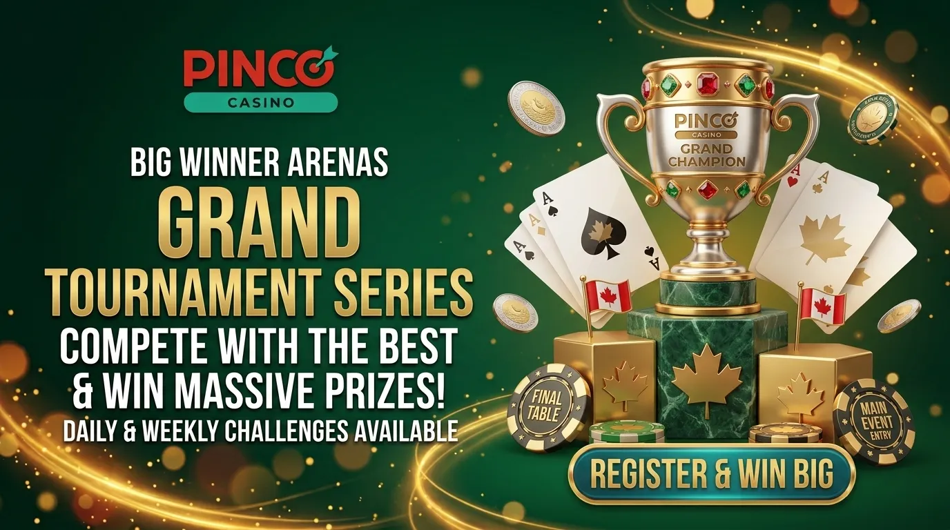 Pinco Casino tournament trophy on green marble, with cards, coins, and small Canadian flags